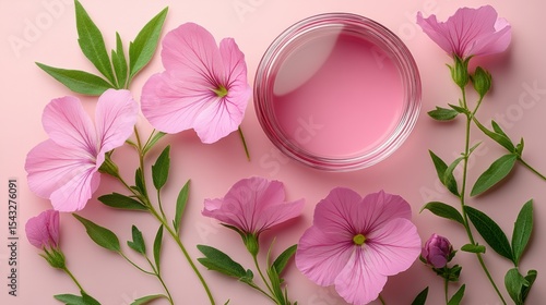 Serene Arrangement of Pink Flowers and Glass Jar on Soft Pastel Background with Delicate Light