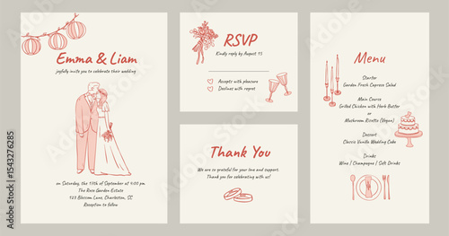 Hand drawn wedding invitation set with menu, rsvp and thank you card with cute doodle elements