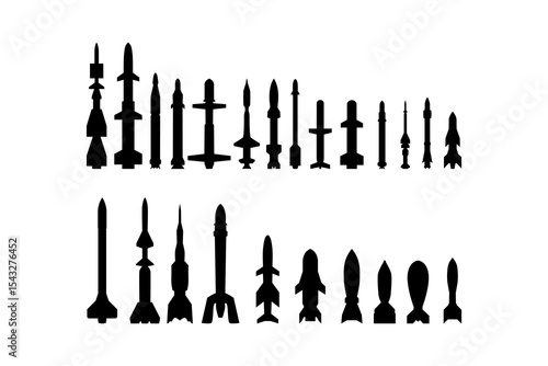 Black missile icon collection. Combat rocket weapons. Set of weapon and rocket symbol. Missile silhouette collection. Vector eps 