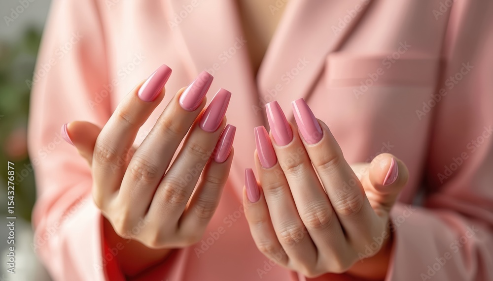 Fototapeta premium Woman hands with elegant pink acrylic gel polish coffin nail manicure. Fashionable nail art design in spa salon. Beauty treatment, nail care, cosmetology, luxury. Pastel colours, smooth skin.