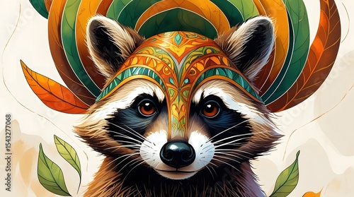 Artistic Raccoon Illustration Featuring Decorative Geometric Background