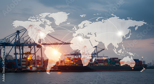 Fototapeta Naklejka Na Ścianę i Meble -  Global trade logistics and export shipping with container cargo ship and digital world map overlay showing international market connection and economy
