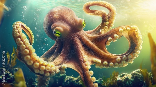 A large octopus with a brown body and white tentacles swims in the ocean.