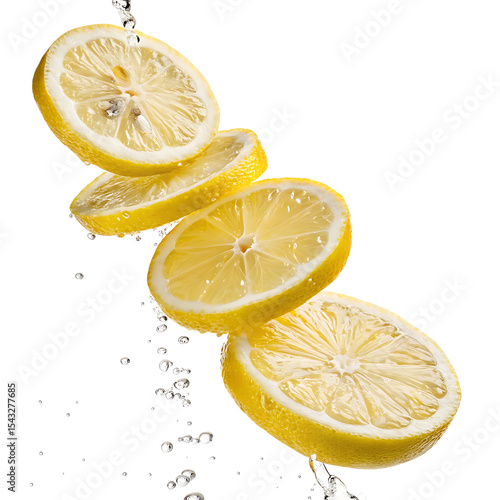 Four lemon slices falling in water isolated on transparent background