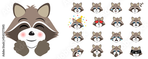 Large vector collection with cute racoons heads. Different racoon emotions isolated on white. Character emoji, cute and lovely animals set. Vector 10.