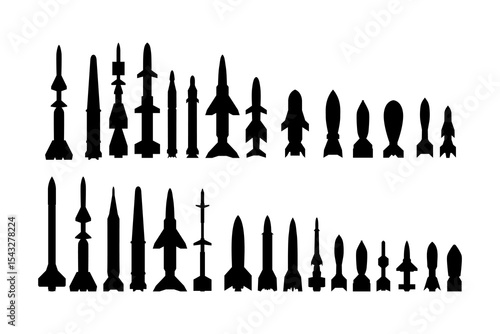 Black missile icon collection. Combat rocket weapons. Set of weapon and rocket symbol. Missile silhouette collection. Vector eps 