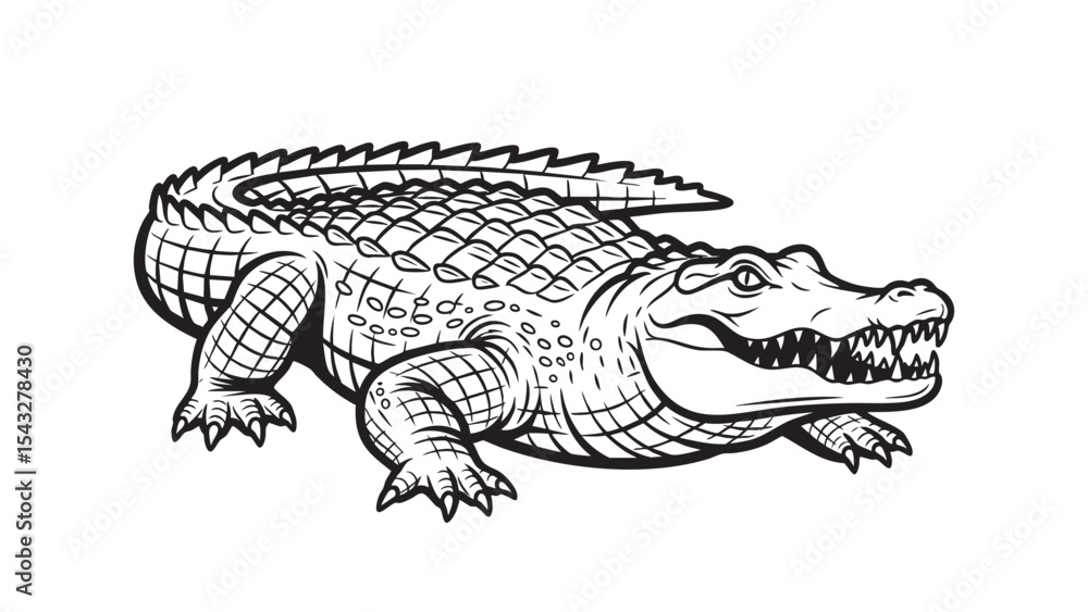 Fototapeta premium Detailed black and white vector of a crocodile lying down with sharp teeth and textured scales, ideal for wildlife themes or tattoo-style graphics.