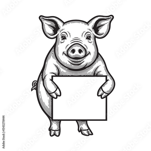 Smiling fat pig holding a blank square sign, black and white vintage vector perfect for farm food labels or retro-style ad design.