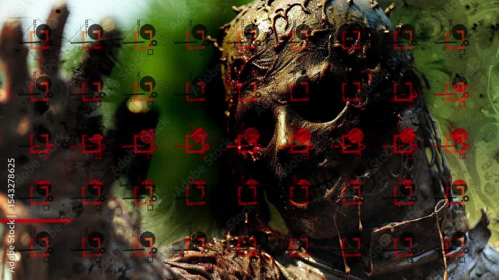 Terrifying Zombie Creature with a Decayed Face and Outstretched Hand in Horror Scene Terrifying Zombie Creature with a Decayed Face and Outstretched Hand in Horror Scene