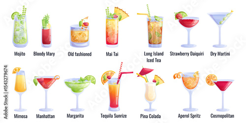 A set of cocktails in glasses on a white background. Pina colada, Manhattan, mojito, mai tai, long island, bloody Mary, cosmopolitan, margarita, momosa. Isolated vector illustration