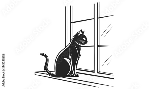 Black Cat Sitting on Window Sill – Minimal Line Art Illustration