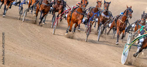Fényképezés Equestrian sport. Horses compete in harness racing. Copy space