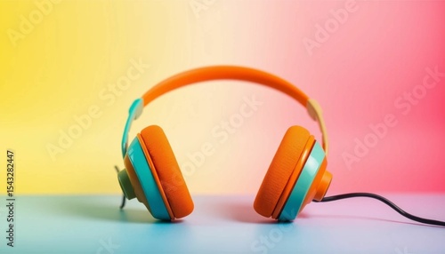 Teal and Orange Headphones Against a Rainbow Background