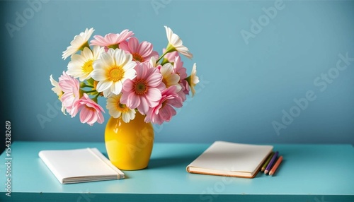 Pastel Flowers in Yellow Vase on Teal Desk with Notebook and Pencils