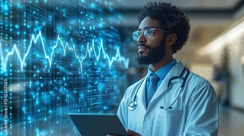 Focused medical professional analyzing digital health data analytics and healthcare technology for diagnosis