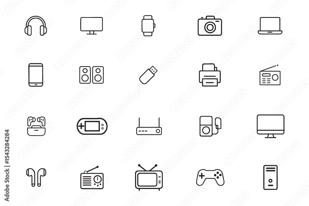 Electronics and gadgets line icon set. Technology, devices, and consumer electronics vector outline symbols Electronics and gadgets line icon set. Technology, devices, and consumer electronics vector outline symbols