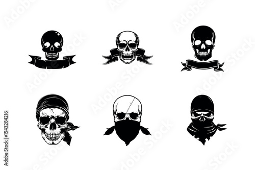 Six skull silhouettes with banners and headwear