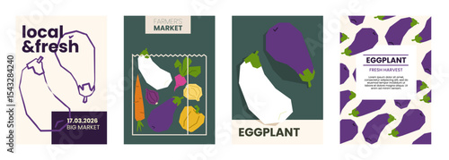Fresh eggplant illustration. Simple posters with vegetable for farmers market advertising. Vector templates with copyspace. Set of harvested aubergines in minimal hand drawn and flat style.