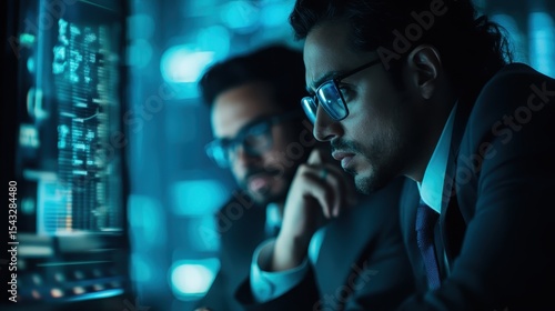 In this image, two well-dressed professionals engage in intense analysis, immersed in a high-tech environment displaying computer screens and dramatic lighting effects.