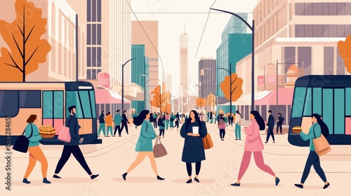 A bustling city street scene with people, cars, and buildings.