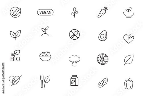 Vegan line icon set. Plant based food, healthy diet, and vegetarian symbols. Organic vector icons