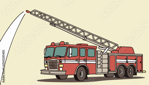 Create a vector illustration of a vibrant red firetruck with its ladder fully extended, spraying water. Show realistic details.   