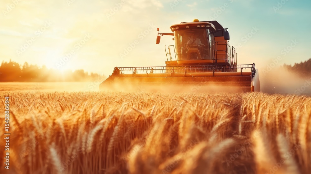 Fototapeta premium A powerful combine harvester cutting through golden wheat fields during sunset, capturing the essence of agriculture, hard work, and the beauty of nature in a stunning landscape.