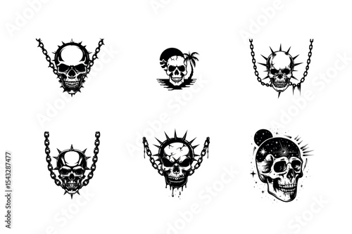 Six skull silhouettes with chains and spikes