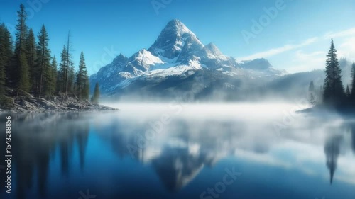 Wallpaper Mural Majestic mountain reflected in serene lake with ethereal mist and evergreen forest Torontodigital.ca