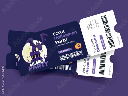 Festive Halloween party tickets. Invitation flyer or poster for all saints in spooky cartoon style. Vector illustration of all saints day club event entrance tickets.