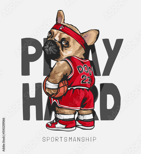 cartoon dog basketball athletic on play hard slogan vector illustration