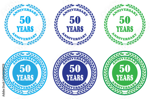 A collection of anniversary seals in various colors celebrating fifty years of service or milestones. Blue and green 50 years anniversary badges. Classic design for 50th celebration icons