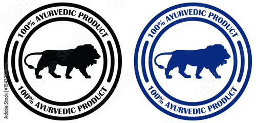 Two ayurvedic product logos with lion in black and blue color in a circle design on white background. 100% ayurvedic certification design set. Black and blue lion icons for label