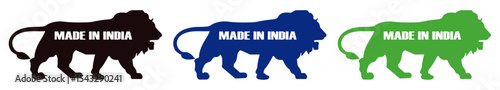 Three lions in different colors with made in india text on each lion silhouette on white background. Three lion logos for made in india. Patriotic lion icons in color set