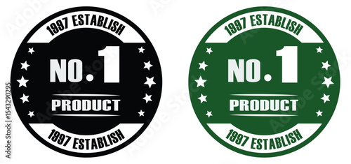 Two circular product labels in black and green with the text no one and established in nineteen ninety seven. No. 1 product badge with star design. Black and green label for packaging