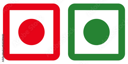 Two square icons with rounded corners one red and one green each containing a solid circle inside centered. Red and green food classification icons. Veg non veg dietary square labels