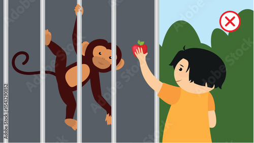 Monkey in the cage. Vector illustration in flat cartoon style.