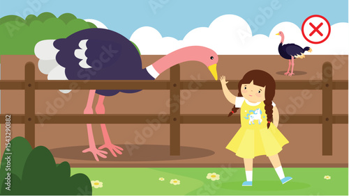 Vector illustration of a little girl and a big ostrich on the farm