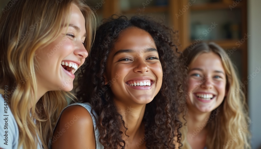 Fototapeta premium Group of young women laughing together. Cheerful expressions highlight real friendship in modern world. Diverse smiling faces radiate joy. Concept of positive communication and interaction, unity.