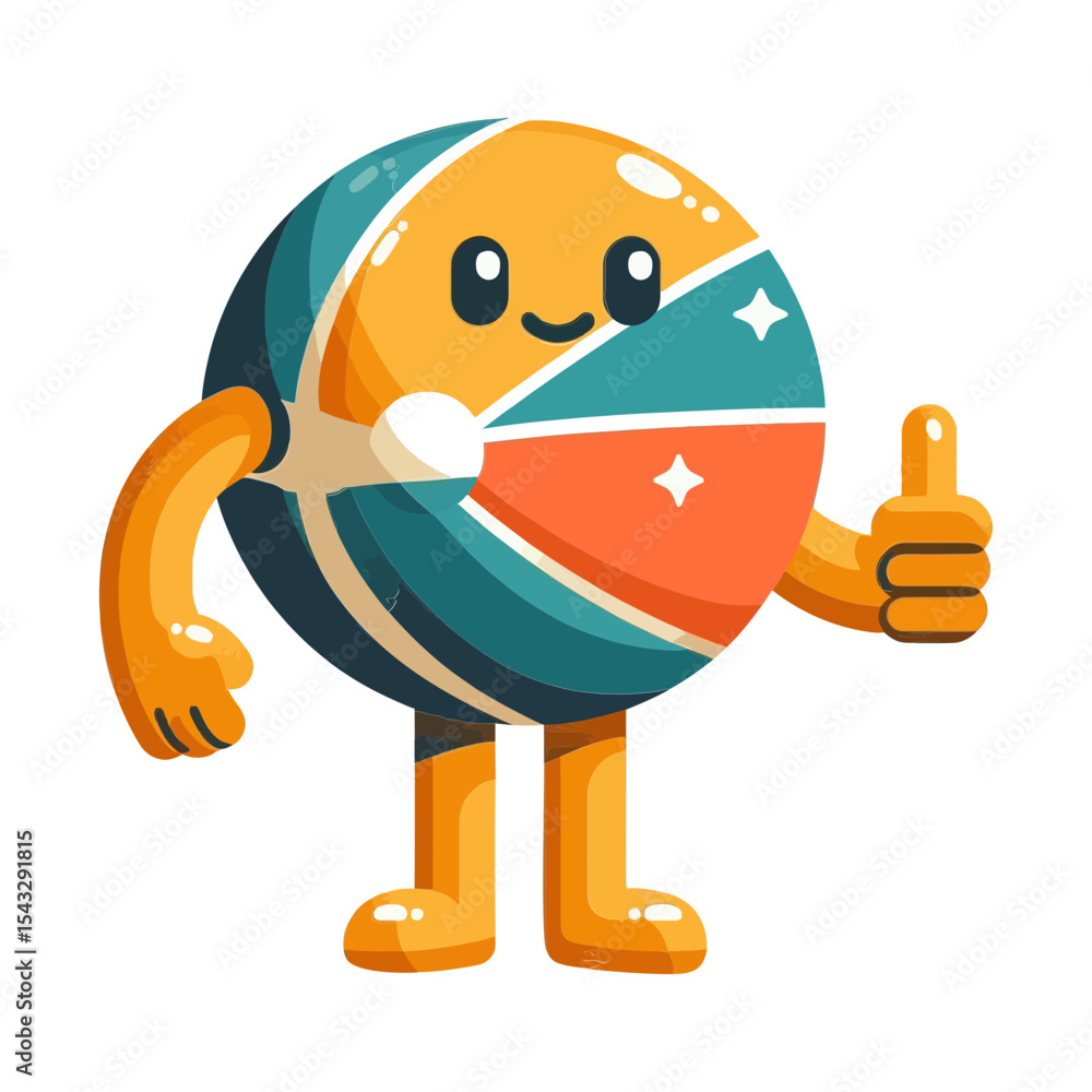 Obraz premium A cartoon beach ball with a happy face giving a thumbs up. Ideal for websites/blogs on summer, recreation, sports, fun, or positive themes.