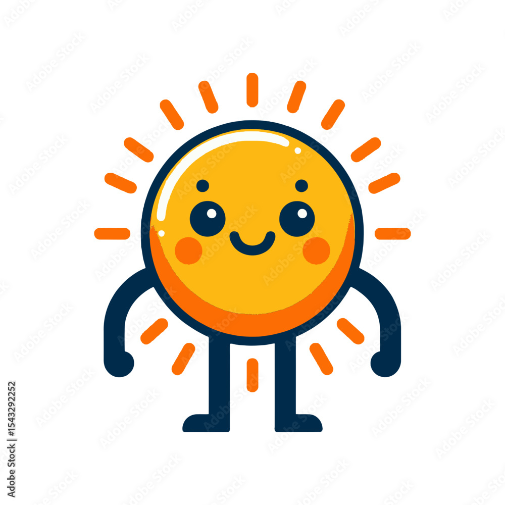 Fototapeta premium This image is a cute, smiling cartoon sun character with rays, arms, and legs, suitable for weather blogs, summer themes, or children's content.
