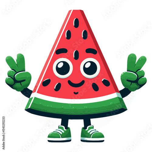 This cheerful watermelon slice, making peace signs, is perfect for websites or blogs about summer, healthy eating, fruits, kids' content, or themes promoting peace and positivity.

