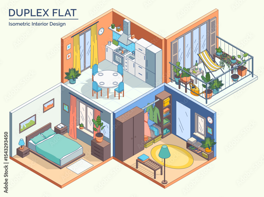 Fototapeta premium Cartoon Color Duplex Flat Interior Inside Concept Bedroom, Wardrobe, Terrace and Kitchen 3d Isometric View Line Elements. Vector illustration