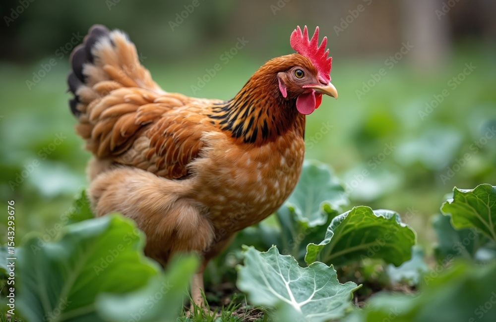 Fototapeta premium Portrait of brown hen pecking cabbage leaves in free-range yard. Chicken with red comb, beak foraging green food. Farming concept, agriculture theme, poultry bird in natural eco-friendly environment.