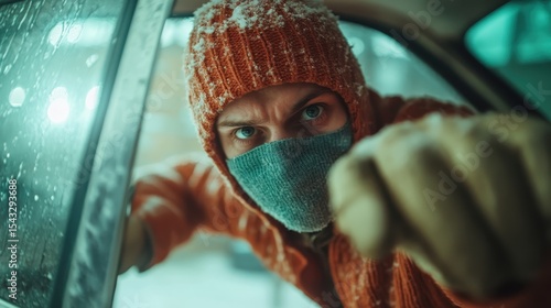 A tense scene reveals an intruder with a piercing gaze attempting to break into a car, framed by snow and urban elements, highlighting themes of danger and urgency.