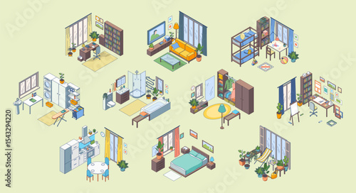 Cartoon Color Furniture Setting for Different Room Wardrobe, Bedroom, Bathroom, Kitchen and Terrace Concept 3d Isometric View Line Elements. Vector illustration