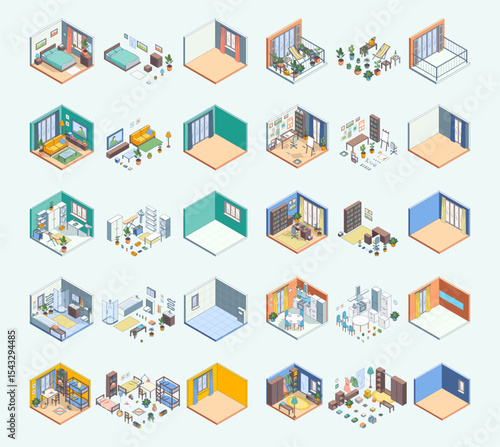 Cartoon Color Different Room Wardrobe, Bedroom, Bathroom and terrace Interior and Furniture Concept Set 3d Isometric View Line Elements. Vector illustration