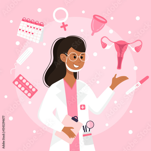 Illustration of a female gynecologist on a pink background.