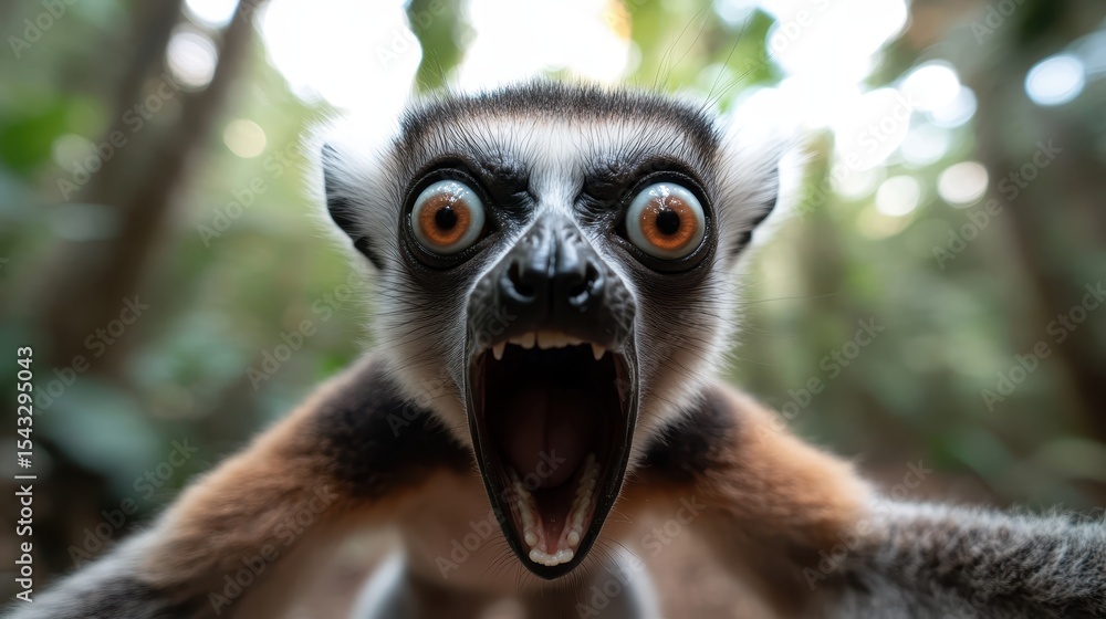 Obraz premium A close-up of a lemur with wide eyes and an open mouth expressing intense emotion, capturing a moment of raw and unfiltered wildlife experience in its natural habitat.