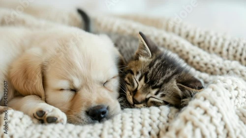 Wallpaper Mural Adorable scene of a puppy and kitten sleeping peacefully next to each other, showcasing interspecies friendship. Torontodigital.ca